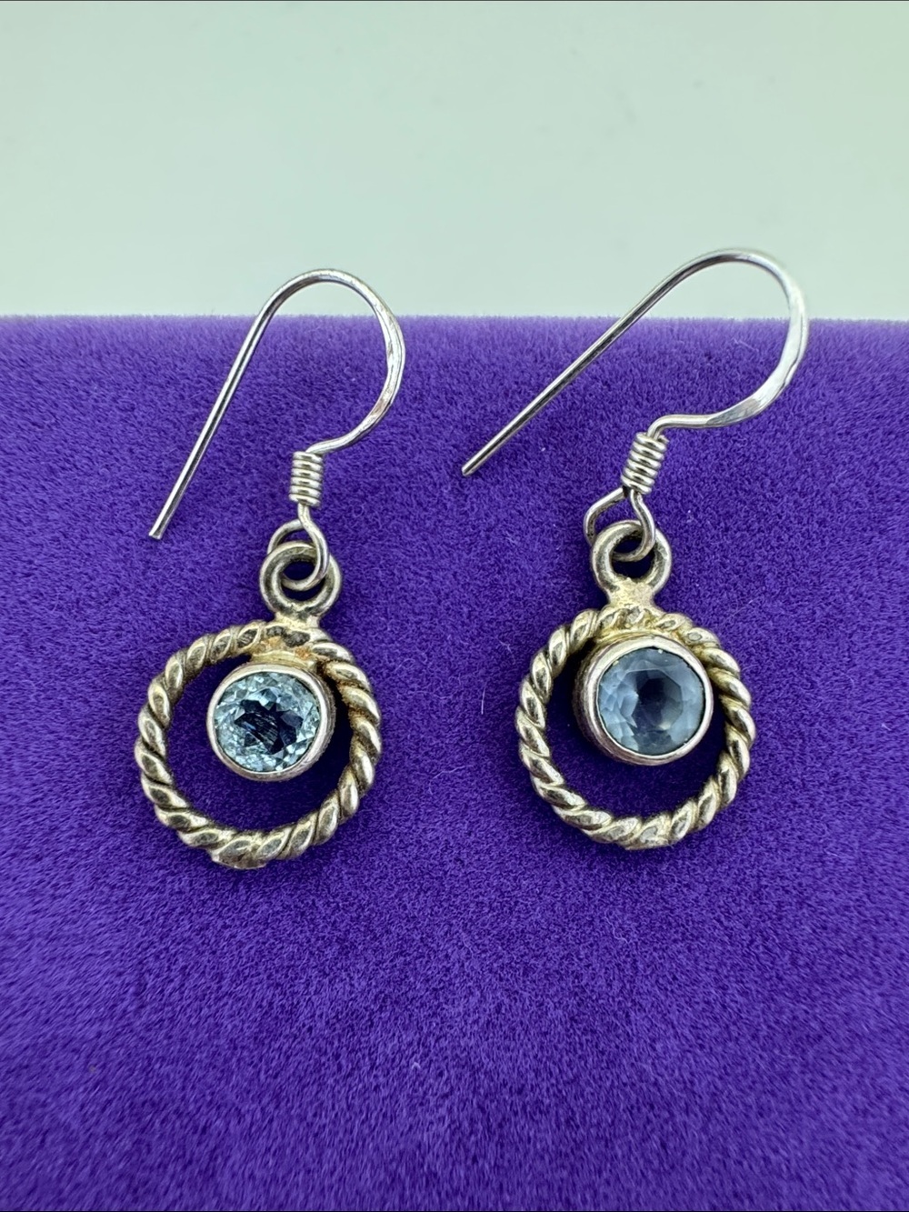 💛 Vintage Sterling Silver Blue Topaz Rope Circle Drop Earrings